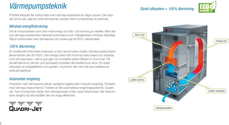 Med den nya värmepumpstekniken halveras kostnaderna och miljöpåverkan minskas väsentligt. Välj en torktumlare med värmepump och spara upp till 50% i elkostnader.