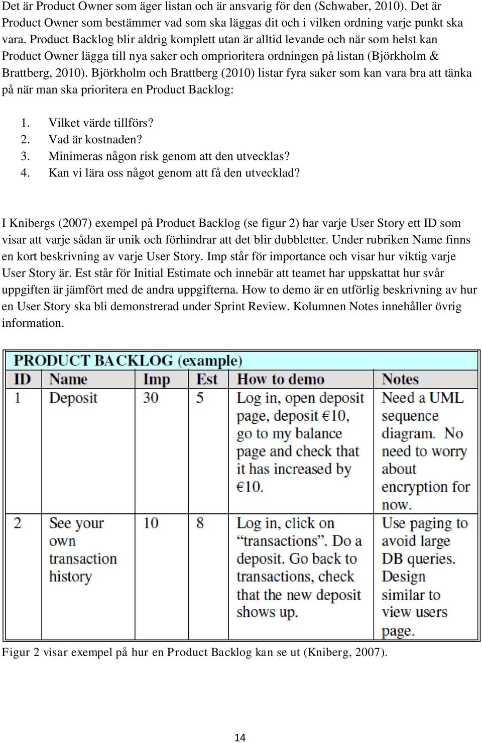 Björkholm och Brattberg (2010) listar fyra saker som kan vara bra att tänka på när man ska prioritera en Product Backlog: 1. Vilket värde tillförs? 2. Vad är kostnaden? 3.