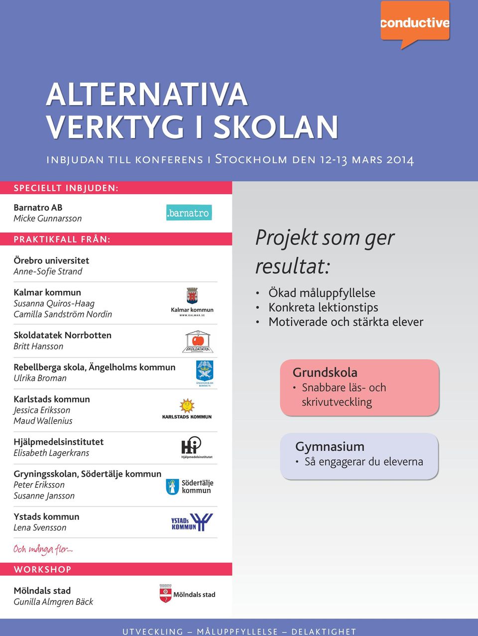 Elisabeth Lagerkrans gryningsskolan, södertälje kommun Peter Eriksson Susanne Jansson Ystads kommun Lena Svensson Och många fler WorksHop mölndals stad Gunilla Almgren Bäck ÄNGELHOLMS KOMMUN Projekt