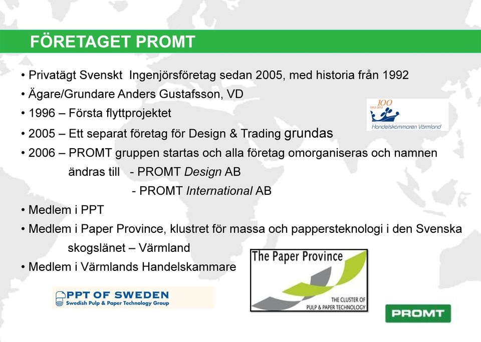 startas och alla företag omorganiseras och namnen ändras till - PROMT Design AB - PROMT International AB Medlem i PPT
