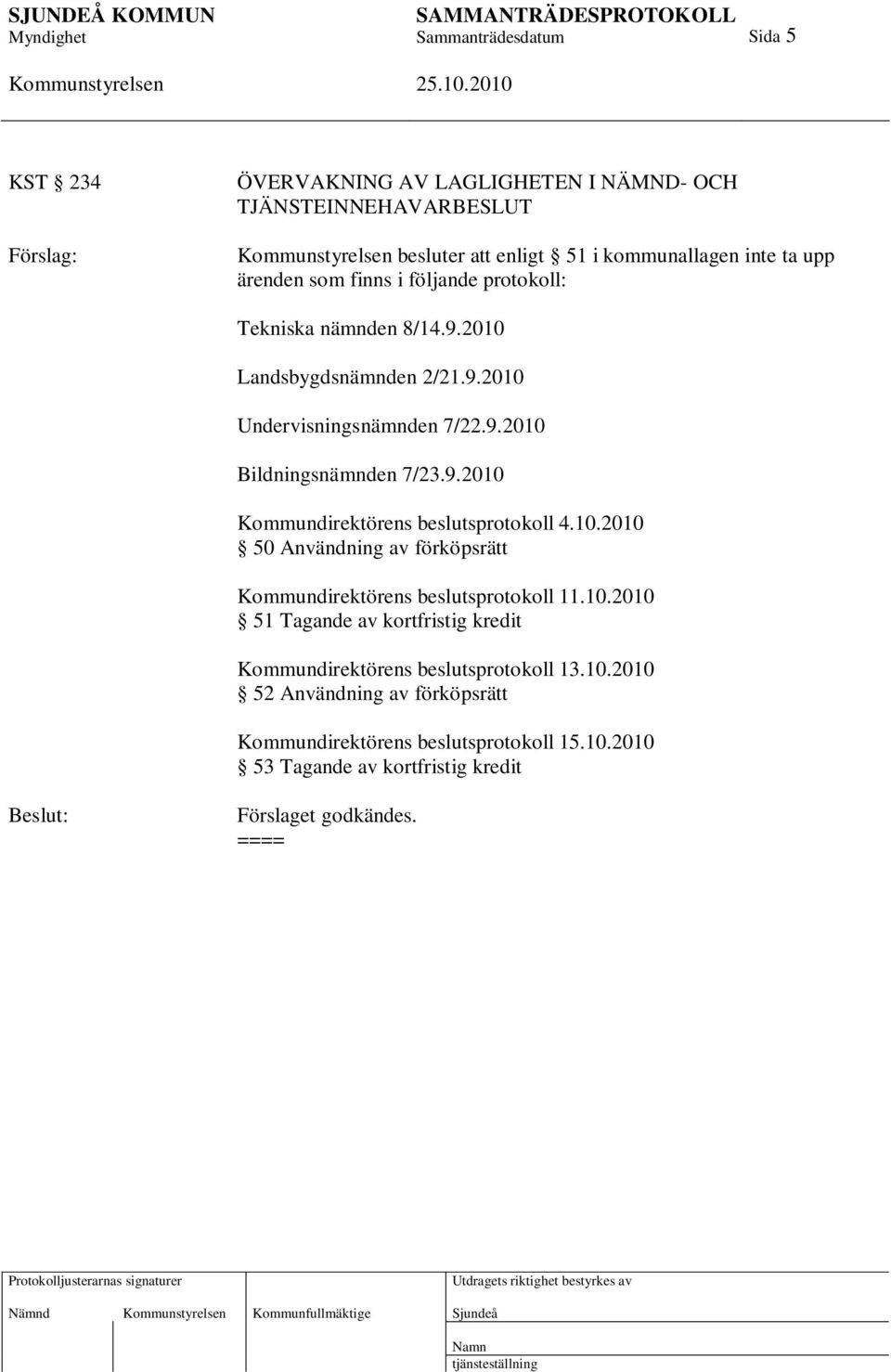 10.2010 50 Användning av förköpsrätt Kommundirektörens beslutsprotokoll 11.10.2010 51 Tagande av kortfristig kredit Kommundirektörens beslutsprotokoll 13.10.2010 52 Användning av förköpsrätt Kommundirektörens beslutsprotokoll 15.
