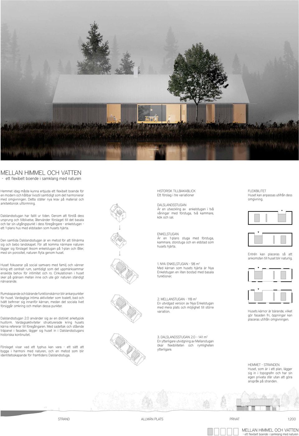 Genom att förstå dess ursprung och tillblivelse, återvänder förslaget till det basala och tar sin utgångspunkt i dess föregångare - enkelstugan ett 1-plans hus med eldstaden som husets hjärta.