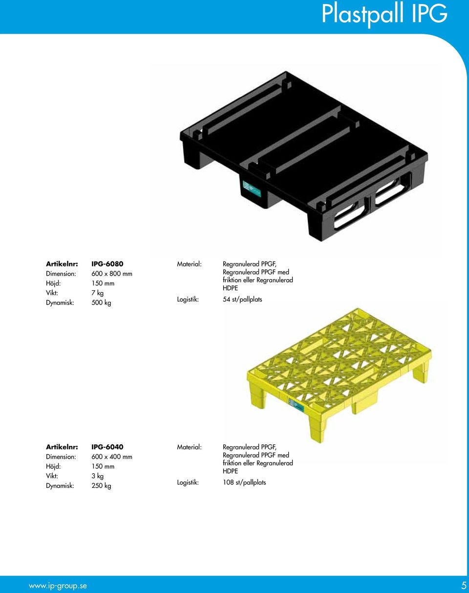 st/pallplats Artikelnr: Dimension: Höjd: Vikt: Dynamisk: IPG-6040 600 x 400 mm 150 mm 3 kg 250 kg