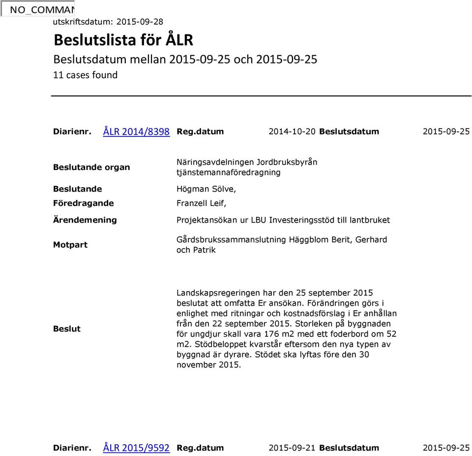 Berit, Gerhard och Patrik Landskapsregeringen har den 25 september 2015 beslutat att omfatta Er ansökan.