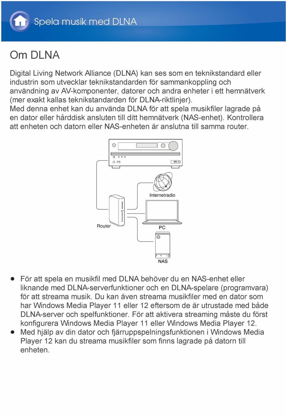 Med denna enhet kan du använda DLNA för att spela musikfiler lagrade på en dator eller hårddisk ansluten till ditt hemnätverk (NAS-enhet).