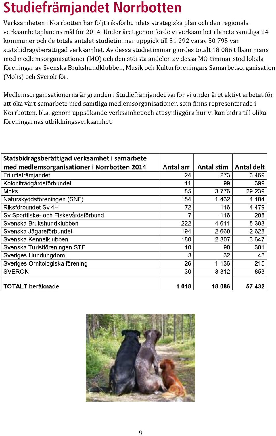 Av dessa studietimmar gjordes totalt 18 086 tillsammans med medlemsorganisationer (MO) och den största andelen av dessa MO-timmar stod lokala föreningar av Svenska Brukshundklubben, Musik och