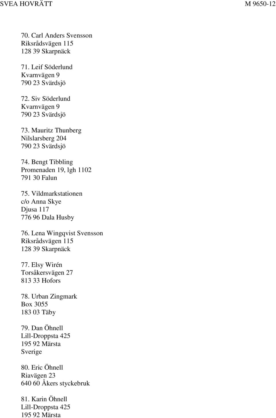 Lena Wingqvist Svensson Riksrådsvägen 115 128 39 Skarpnäck 77. Elsy Wirén Torsåkersvägen 27 813 33 Hofors 78.