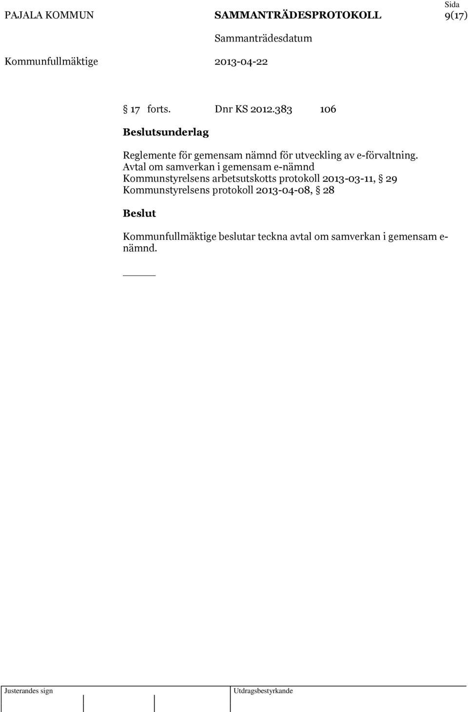 Avtal om samverkan i gemensam e-nämnd Kommunstyrelsens arbetsutskotts protokoll