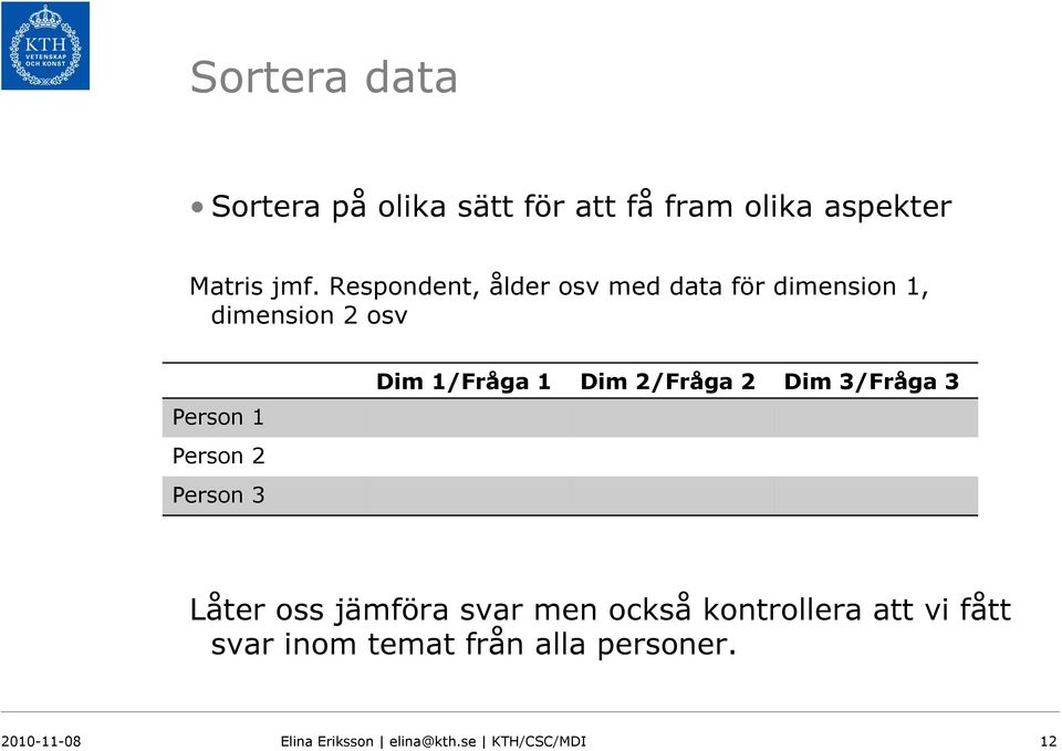 3 Dim 1/Fråga 1 Dim 2/Fråga 2 Dim 3/Fråga 3 Låter oss jämföra svar men också kontrollera