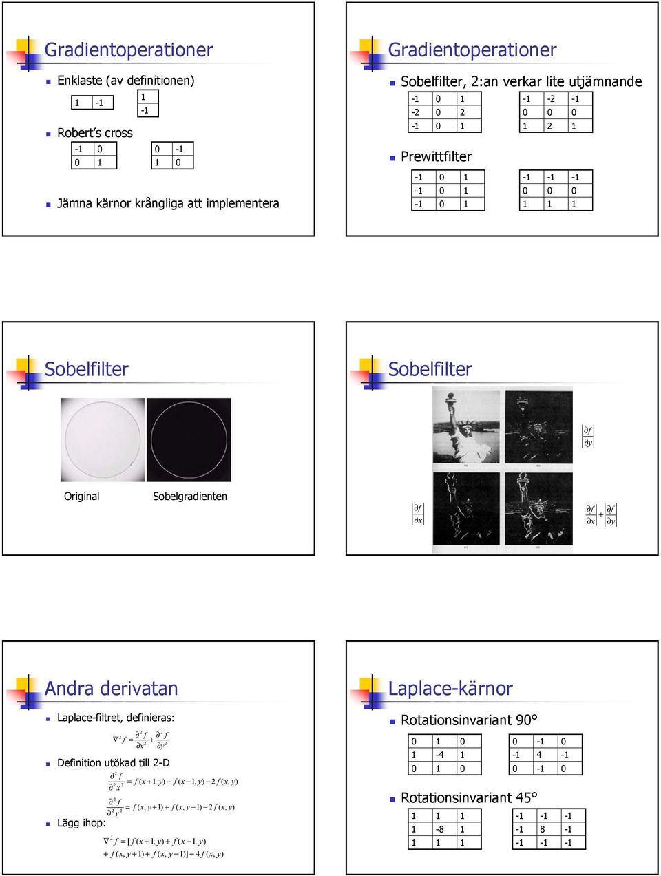 Laplace-filtret, definieras: f f f = + y Definition utökad till -D f = f ( x +, + f ( x, f ( x, x f = f ( x, y + ) + f ( x, y ) f ( x, y Lägg