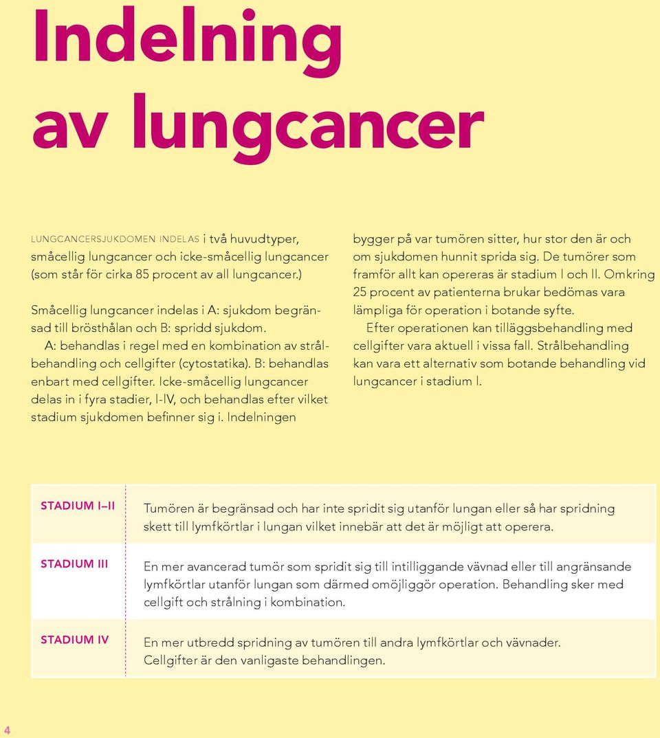 B: behandlas enbart med cellgifter. Icke-småcellig lungcancer delas in i fyra stadier, l-lv, och behandlas efter vilket stadium sjukdomen befinner sig i.