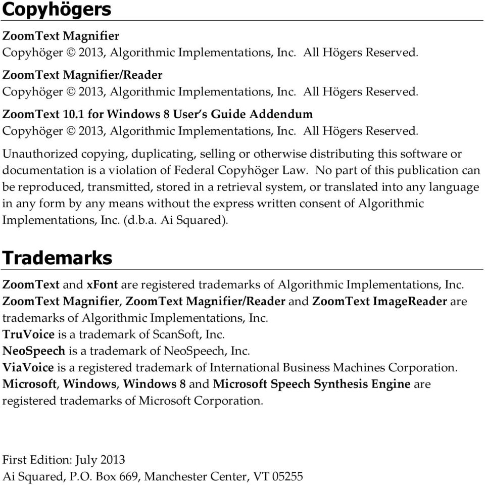 Unauthorized copying, duplicating, selling or otherwise distributing this software or documentation is a violation of Federal Copyhöger Law.