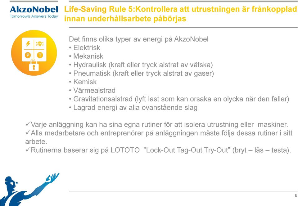 orsaka en olycka när den faller) Lagrad energi av alla ovanstående slag Varje anläggning kan ha sina egna rutiner för att isolera utrustning eller maskiner.
