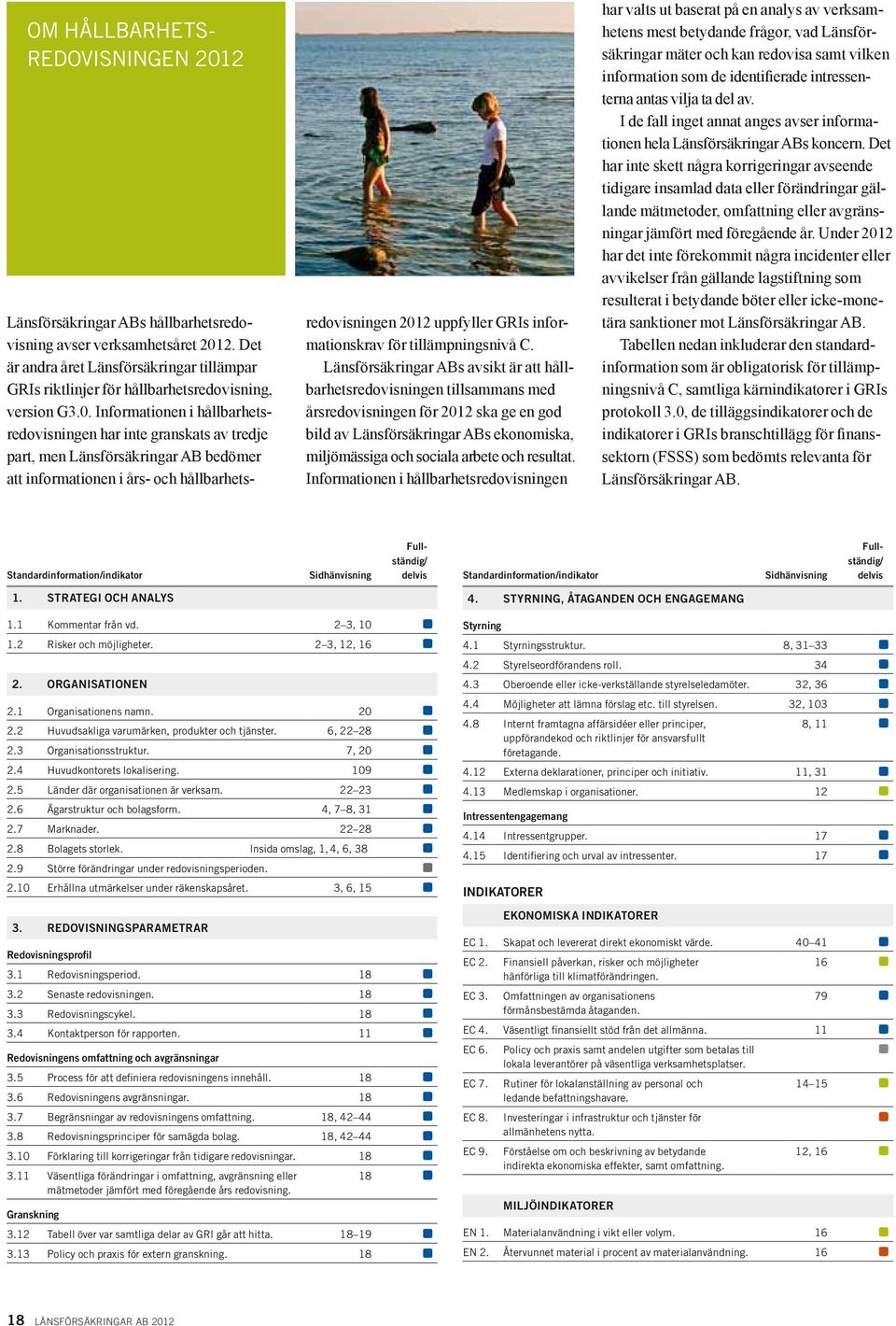 Infor mationen i hållbarhetsredovisningen har inte granskats av tredje part, men Länsförsäkringar AB bedömer att informationen i års- och hållbarhetsredovisningen 2012 uppfyller GRIs informationskrav