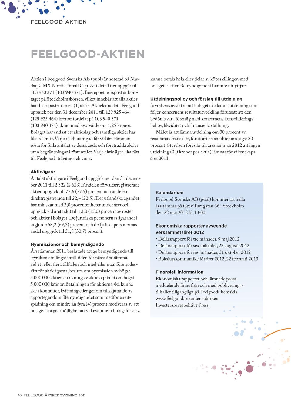 Aktiekapitalet i Feelgood uppgick per den 31 december 2011 till 129 925 464 (129 925 464) kronor fördelat på 103 940 371 (103 940 371) aktier med kvotvärde om 1,25 kronor.