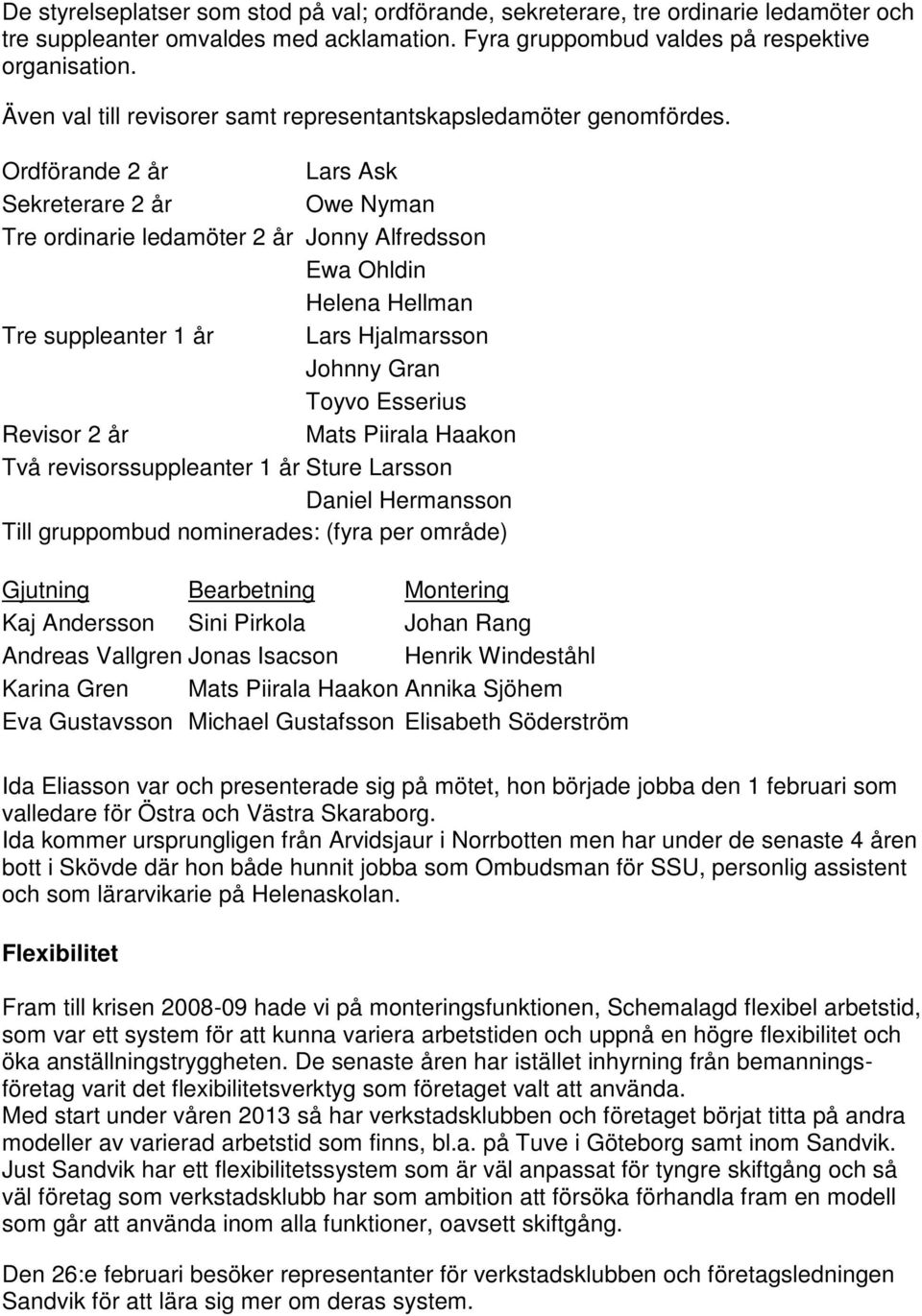 Ordförande 2 år Lars Ask Sekreterare 2 år Owe Nyman Tre ordinarie ledamöter 2 år Jonny Alfredsson Ewa Ohldin Helena Hellman Tre suppleanter 1 år Lars Hjalmarsson Johnny Gran Toyvo Esserius Revisor 2