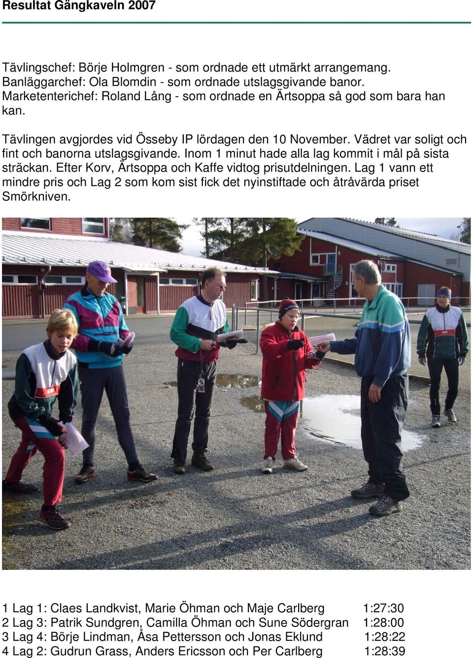 Inom 1 minut hade alla lag kommit i mål på sista sträckan. Efter Korv, Ärtsoppa och Kaffe vidtog prisutdelningen.