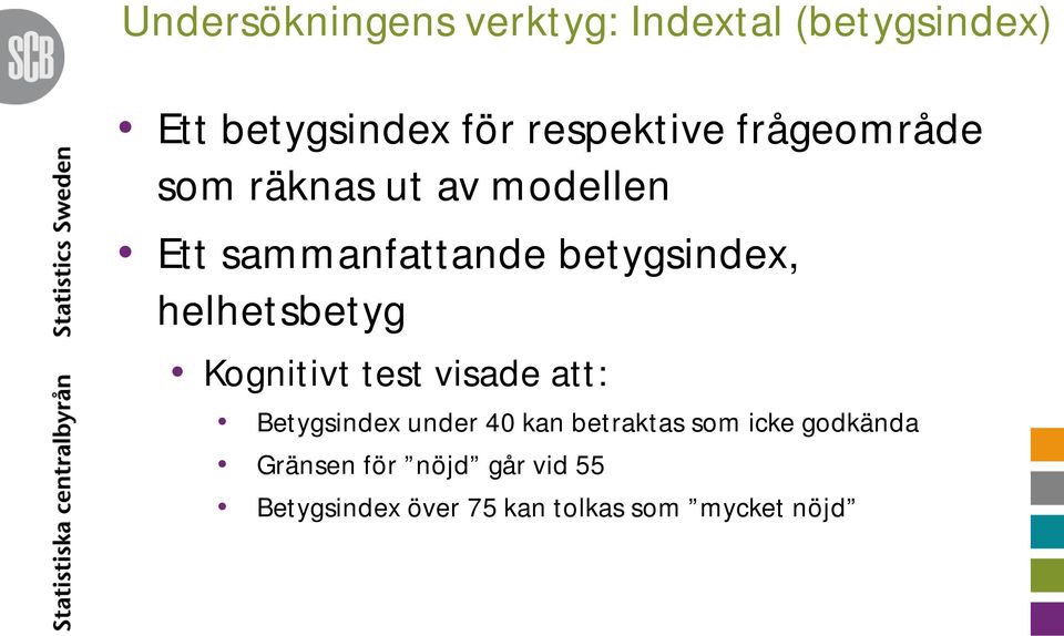 helhetsbetyg Kognitivt test visade att: Betygsindex under 40 kan betraktas som