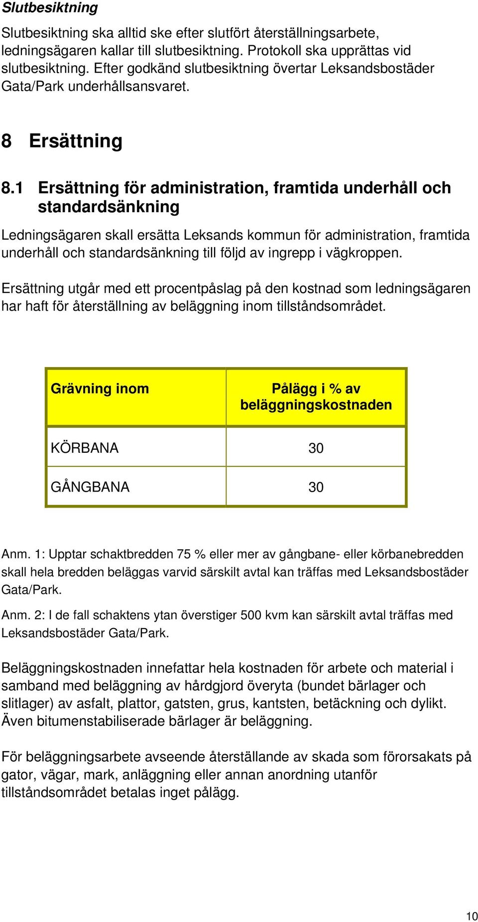 1 Ersättning för administration, framtida underhåll och standardsänkning Ledningsägaren skall ersätta Leksands kommun för administration, framtida underhåll och standardsänkning till följd av ingrepp