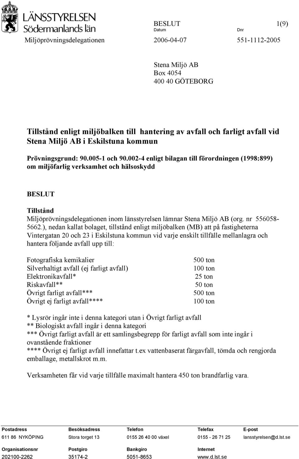 002-4 enligt bilagan till förordningen (1998:899) om miljöfarlig verksamhet och hälsoskydd BESLUT Tillstånd Miljöprövningsdelegationen inom länsstyrelsen lämnar Stena Miljö AB (org. nr 556058-5662.