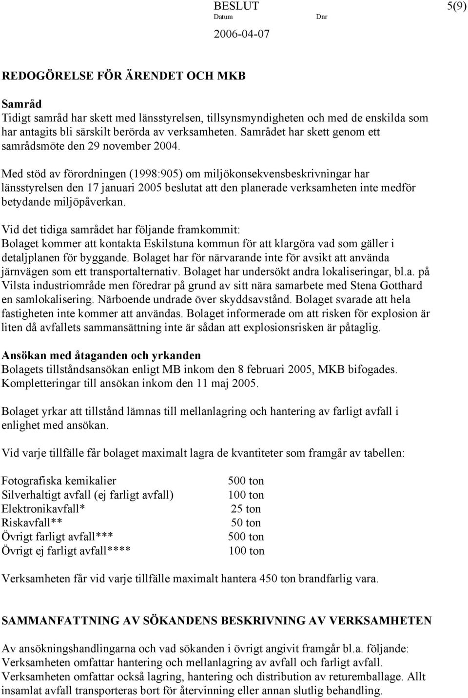 Med stöd av förordningen (1998:905) om miljökonsekvensbeskrivningar har länsstyrelsen den 17 januari 2005 beslutat att den planerade verksamheten inte medför betydande miljöpåverkan.