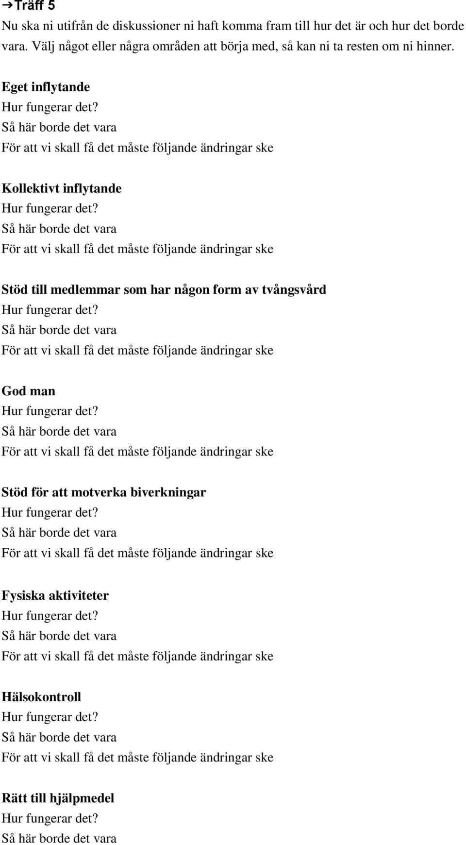 Eget inflytande Kollektivt inflytande Stöd till medlemmar som har någon form av tvångsvård