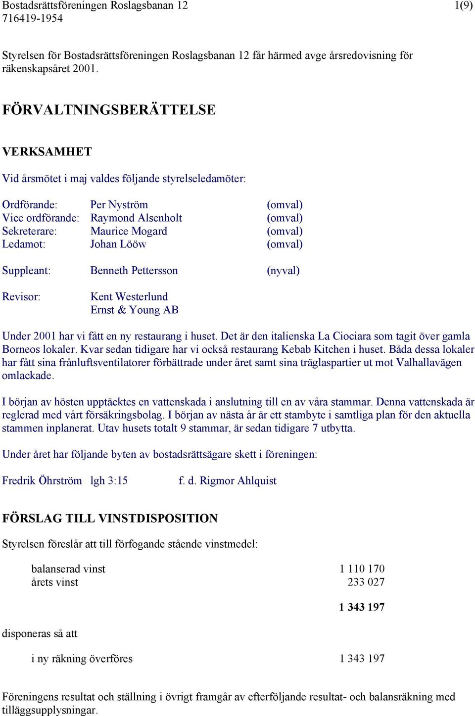 Ledamot: Johan Lööw (omval) Suppleant: Benneth Pettersson (nyval) Revisor: Kent Westerlund Ernst & Young AB Under 2001 har vi fått en ny restaurang i huset.