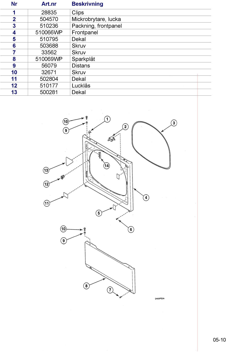 Packning, frontpanel 4 510066WP Frontpanel 5 510795 Dekal 6 503688