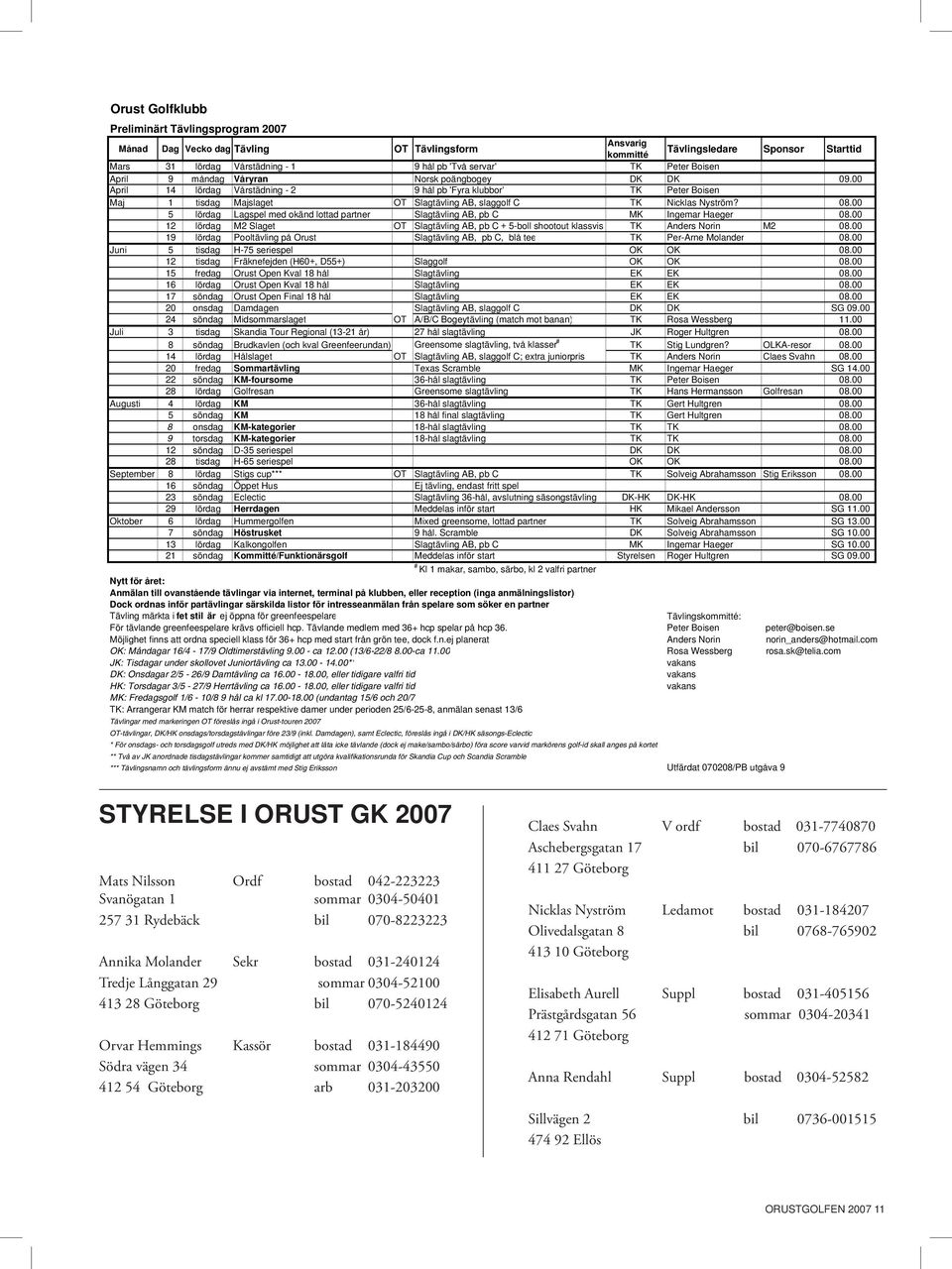 00 April 14 lördag Vårstädning - 2 9 hål pb 'Fyra klubbor' TK Peter Boisen Maj 1 tisdag Majslaget OT Slagtävling AB, slaggolf C TK Nicklas Nyström? 08.