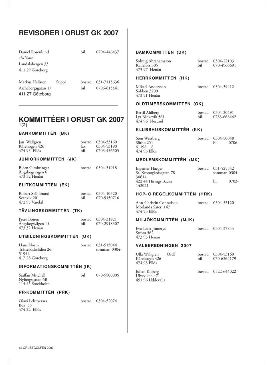 (OK) KOMMITTÉER I ORUST GK 2007 1(2) BANKOMMITTÉN (BK) Jan Wallgren bostad 0304-53160 Kårehogen 426 fax 0304-53190 474 93 Ellös bil 0703-456505 JUNIORKOMMITTÉN (JK) Björn Gimbringer bostad 0304-31918