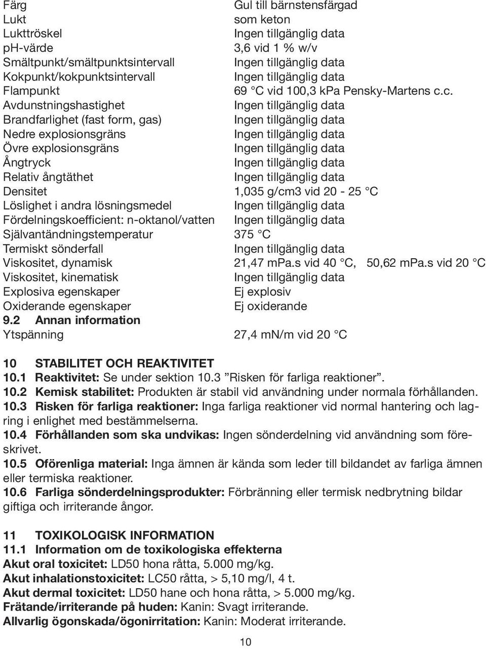 Fördelningskoefficient: n-oktanol/vatten Självantändningstemperatur 375 C Termiskt sönderfall Viskositet, dynamisk 21,47 mpa.s vid 40 C, 50,62 mpa.