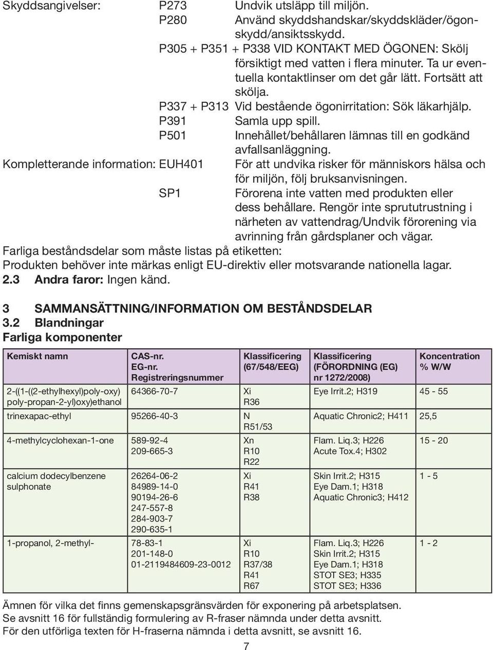 P337 + P313 Vid bestående ögonirritation: Sök läkarhjälp. P391 Samla upp spill. P501 Innehållet/behållaren lämnas till en godkänd avfallsanläggning.