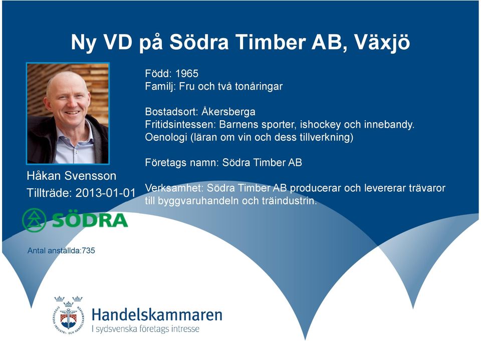 Oenologi (läran om vin och dess tillverkning) Håkan Svensson Tillträde: 2013-01-01 Företags namn: Södra Timber AB