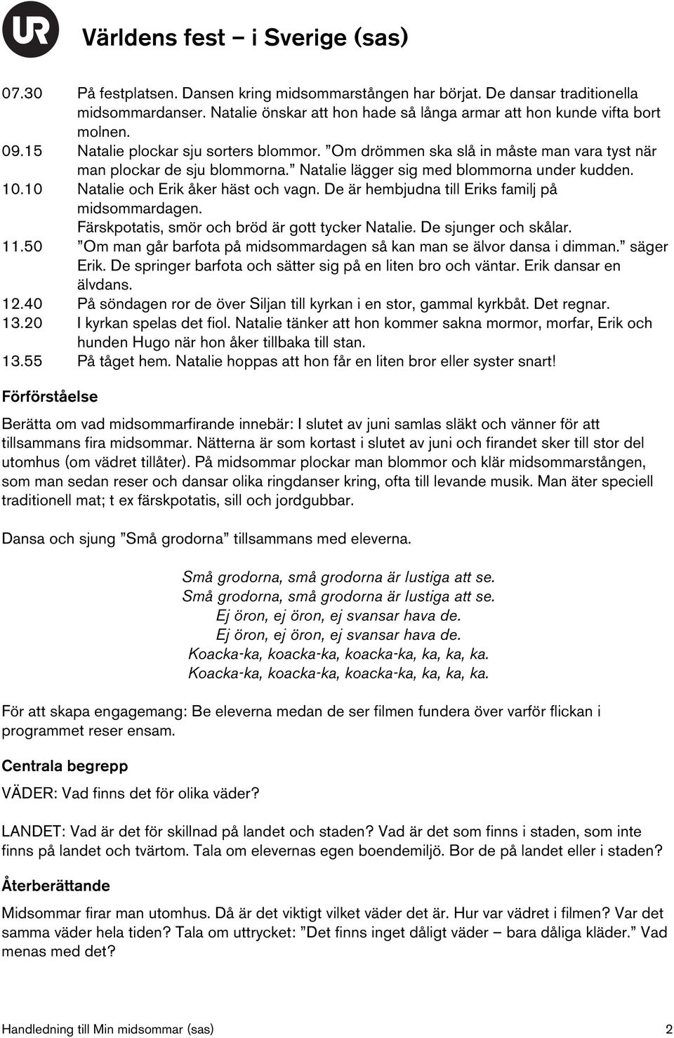 10 Natalie och Erik åker häst och vagn. De är hembjudna till Eriks familj på midsommardagen. Färskpotatis, smör och bröd är gott tycker Natalie. De sjunger och skålar. 11.