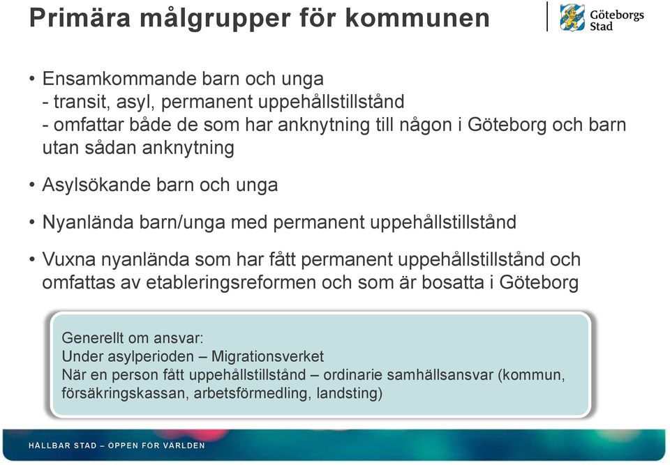 nyanlända som har fått permanent uppehållstillstånd och omfattas av etableringsreformen och som är bosatta i Göteborg Generellt om ansvar: