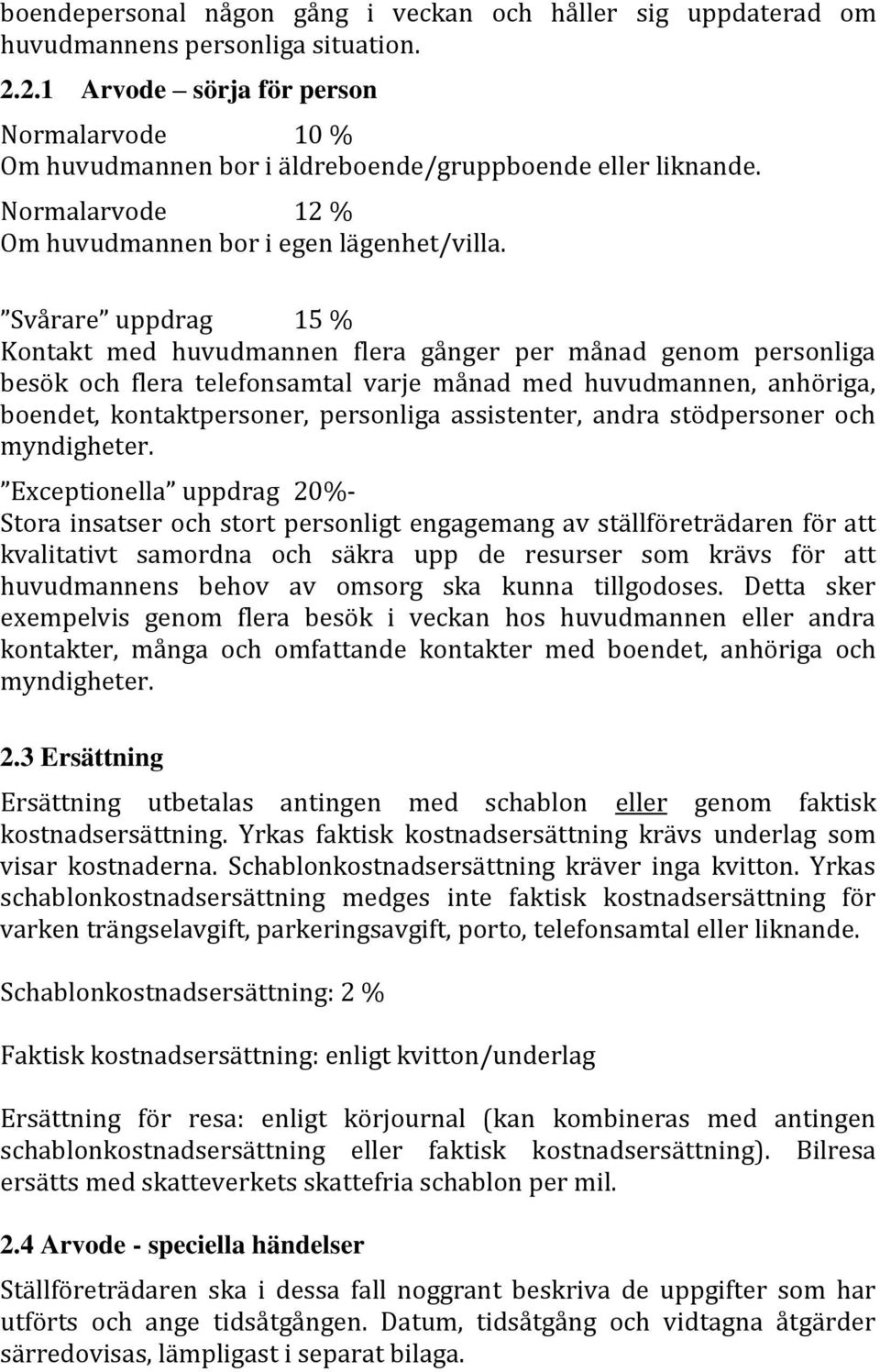 Svårare uppdrag 15 % Kontakt med huvudmannen flera gånger per månad genom personliga besök och flera telefonsamtal varje månad med huvudmannen, anhöriga, boendet, kontaktpersoner, personliga