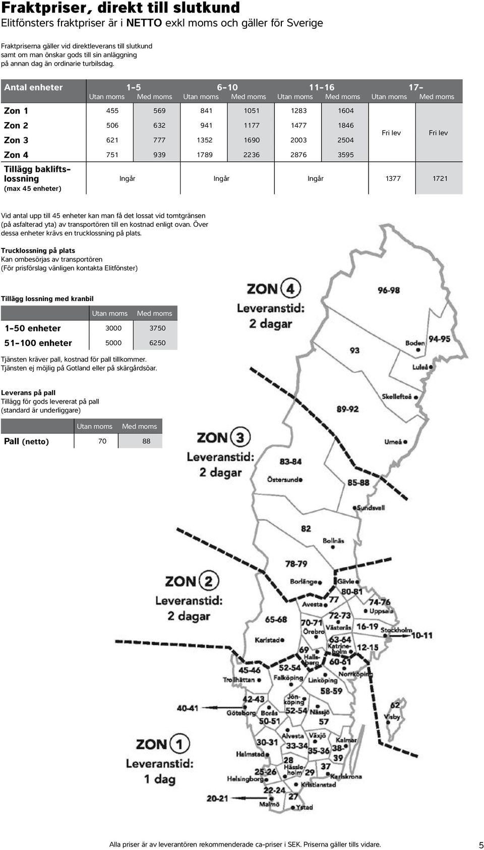 Antal enheter 1-5 6-10 11-16 Zon 1 455 569 841 1051 1283 1604 Zon 2 506 632 941 1177 1477 1846 Zon 3 621 777 1352 1690 2003 2504 Zon 4 751 939 1789 2236 2876 3595 Tillägg bakliftslossning (max 45