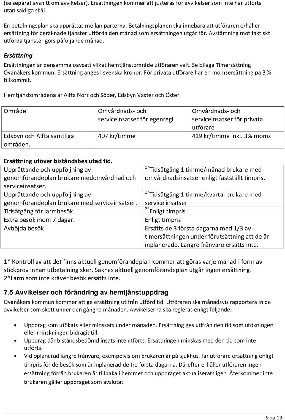 Ersättning Ersättningen är densamma oavsett vilket hemtjänstområde utföraren valt. Se bilaga Timersättning Ovanåkers kommun. Ersättning anges i svenska kronor.