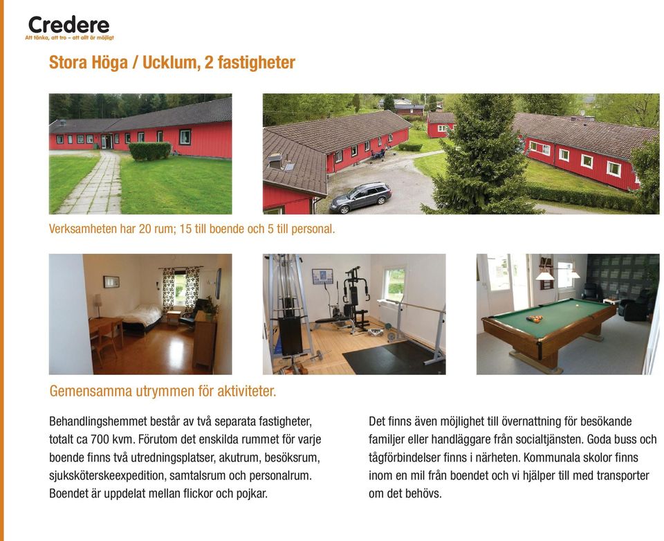 Förutom det enskilda rummet för varje boende finns två utredningsplatser, akutrum, besöksrum, sjuksköterskeexpedition, samtalsrum och personalrum.