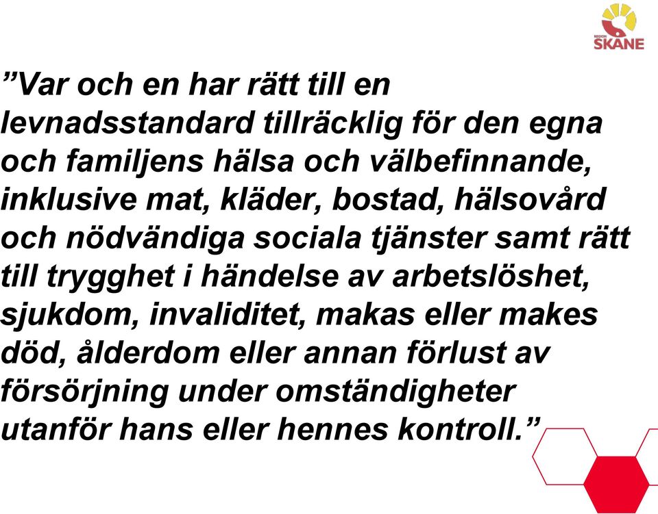 rätt till trygghet i händelse av arbetslöshet, sjukdom, invaliditet, makas eller makes död,