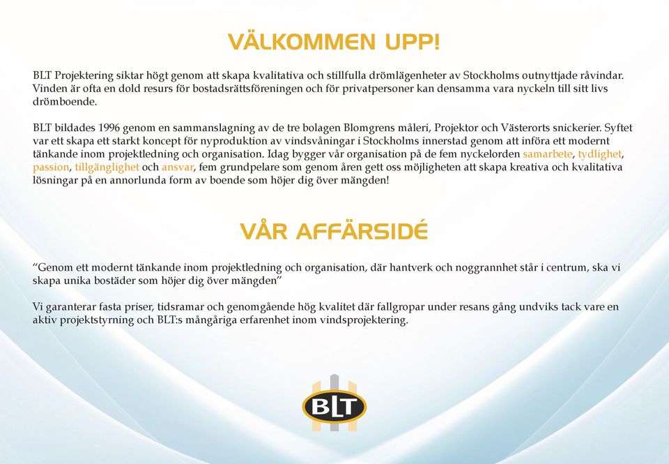 BLT bildades 1996 genom en sammanslagning av de tre bolagen Blomgrens måleri, Projektor och Västerorts snickerier.