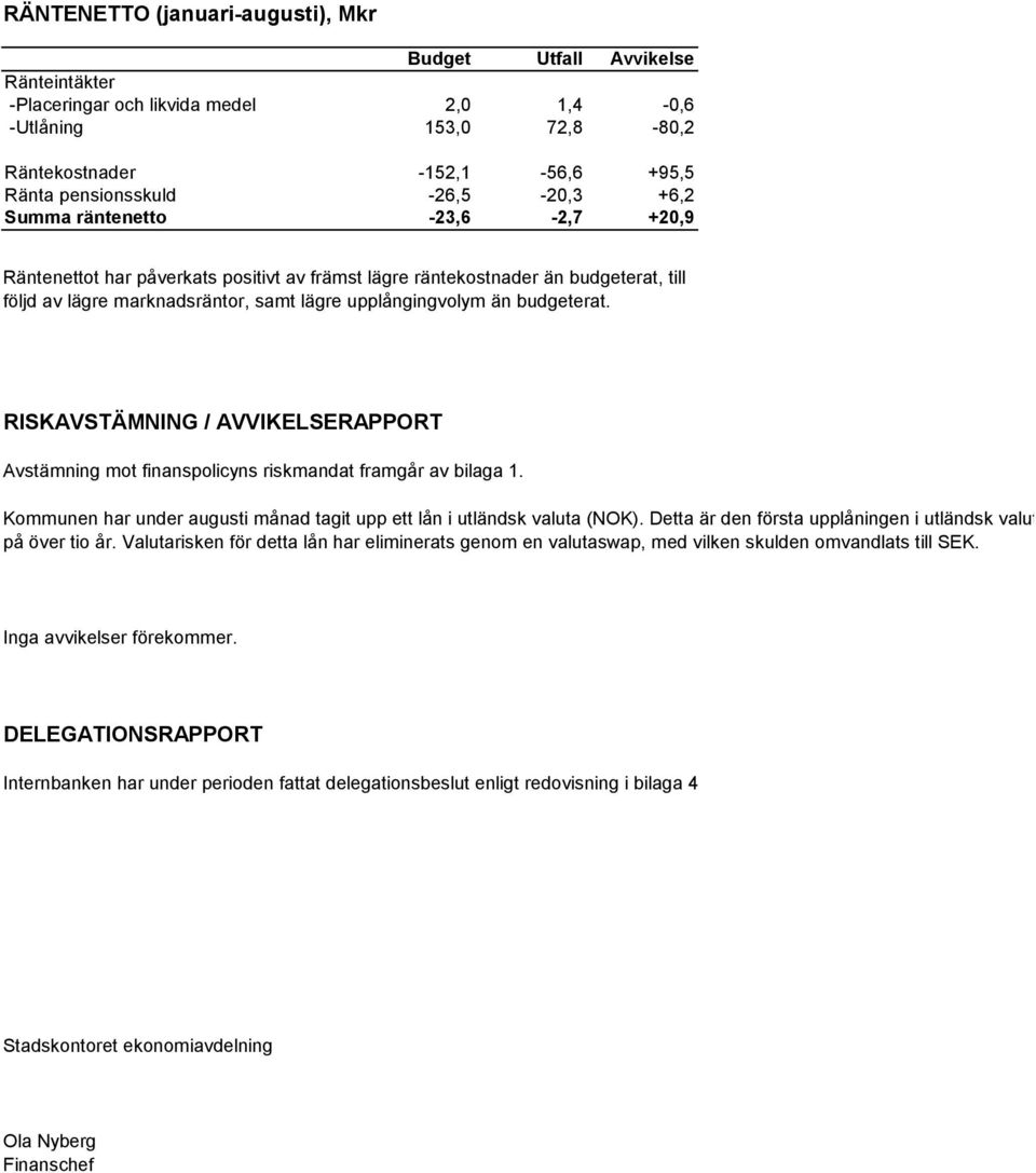 budgeterat. RISKAVSTÄMNING / AVVIKELSERAPPORT Avstämning mot finanspolicyns riskmandat framgår av bilaga 1. Kommunen har under augusti månad tagit upp ett lån i utländsk valuta (NOK).