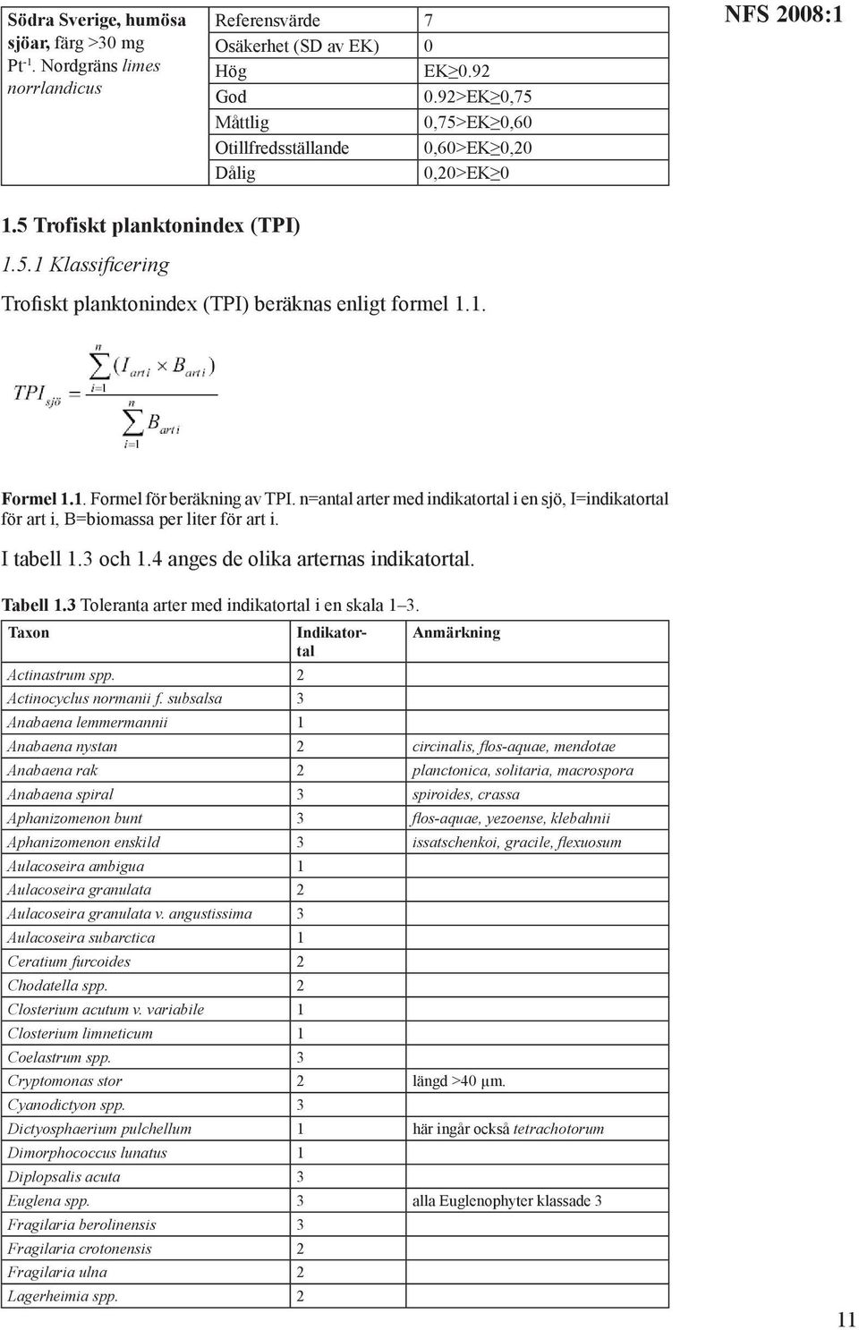 1. Formel 1.1. Formel för beräkning av TPI. n=antal arter med indikatortal i en sjö, I=indikatortal för art i, B=biomassa per liter för art i. I tabell 1.3 och 1.
