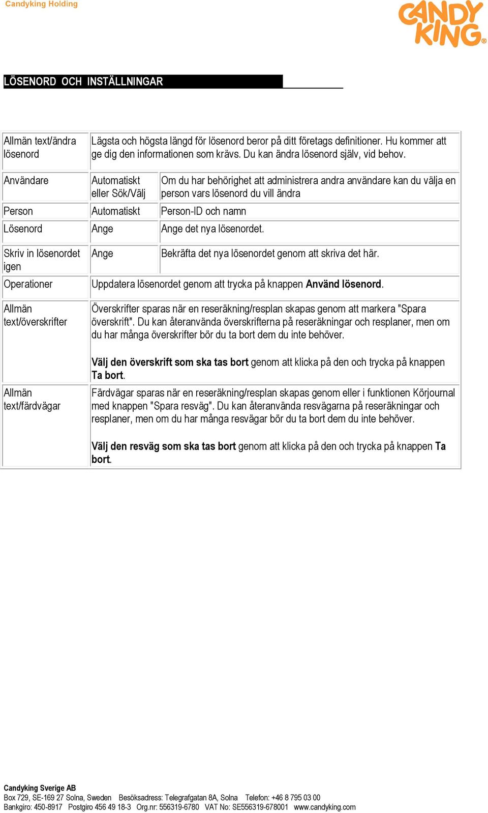 Om du har behörighet att administrera andra användare kan du välja en person vars lösenord du vill ändra Skriv in lösenordet igen Operationer Allmän text/överskrifter Allmän text/färdvägar Ange