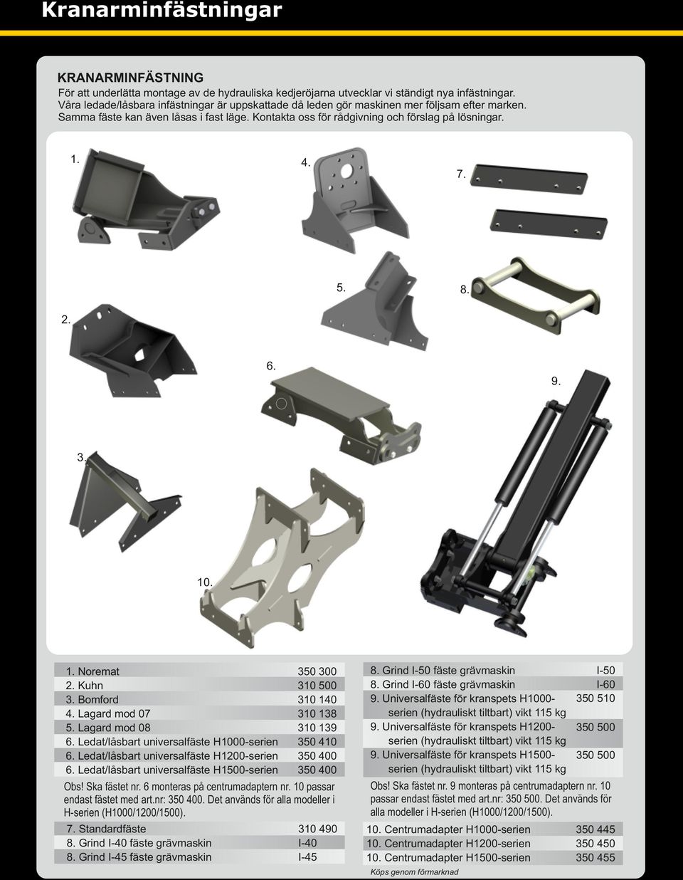 5. 8. 2. 6. 9. 3. 10. 1. Noremat 2. Kuhn 3. Bomford 4. Lagard mod 07 5. Lagard mod 08 6. Ledat/låsbart universalfäste H1000-serien 6. Ledat/låsbart universalfäste H1200-serien 6.