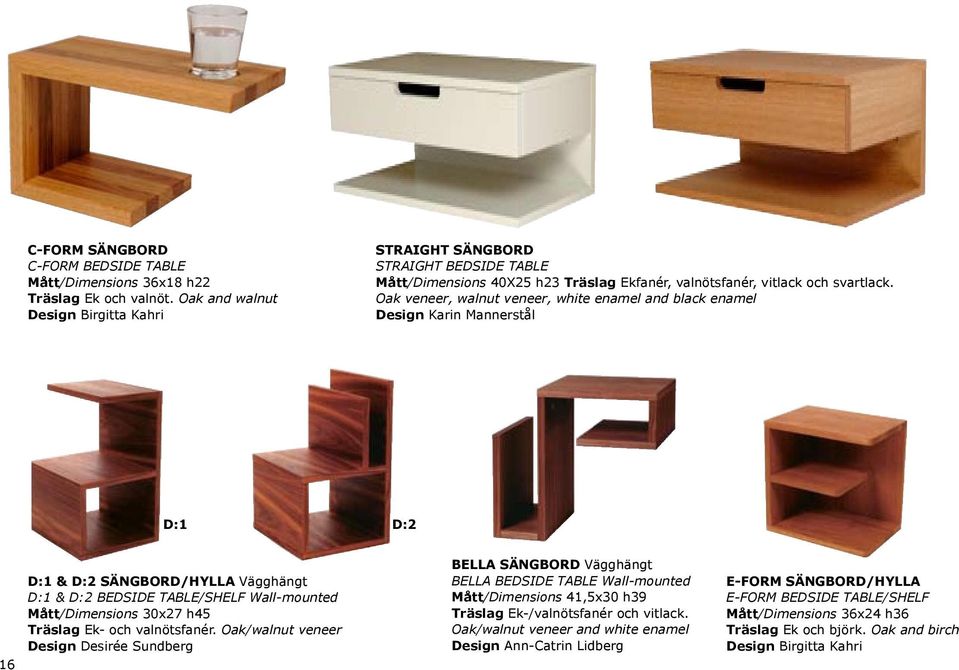 Oak veneer, walnut veneer, white enamel and black enamel Design Karin Mannerstål D:1 D:2 16 D:1 & D:2 SÄNGBORD/HYLLA Vägghängt D:1 & D:2 BEDSIDE TABLE/SHELF Wall-mounted Mått/Dimensions 30x27 h45