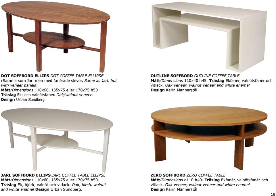 Oak veneer, walnut veneer and white enamel Design Karin Mannerstål JARL SOFFBORD ELLIPS JARL COFFEE TABLE ELLIPSE Mått/Dimensions 110x60, 135x75 eller 170x75 h50.