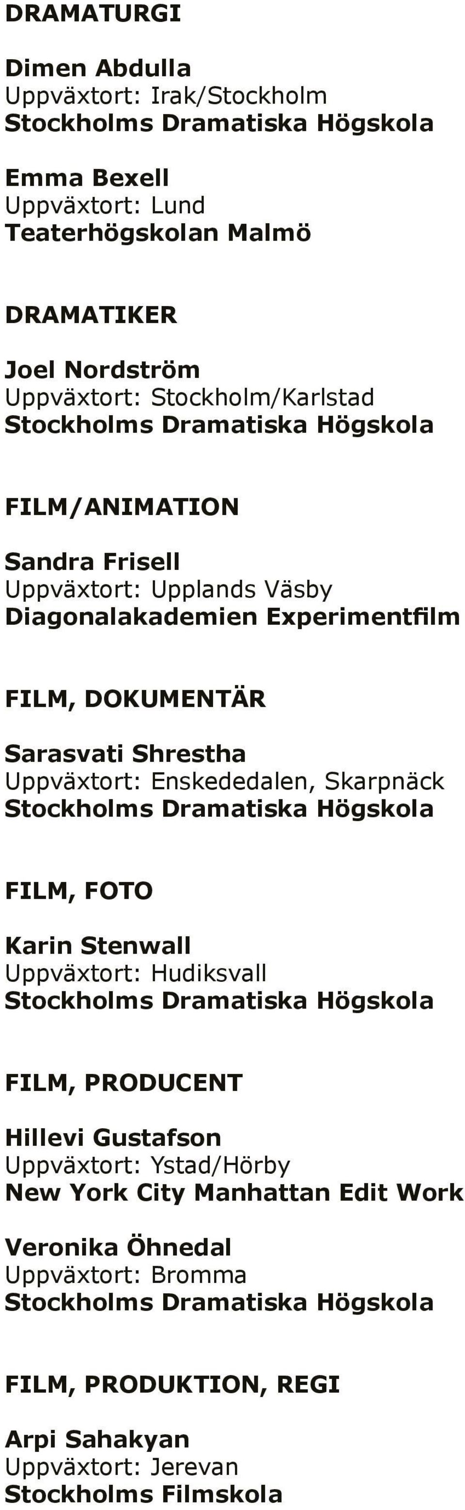 Enskededalen, Skarpnäck FILM, FOTO Karin Stenwall Uppväxtort: Hudiksvall FILM, PRODUCENT Hillevi Gustafson Uppväxtort: Ystad/Hörby New
