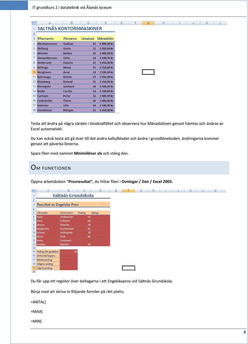 Spara filen med namnet Minimilöner.xls och stäng den. OM FUNKTIONEN Öppna arbetsboken Provresultat, du hittar filen i Ovningar / Dan / Excel 2003.