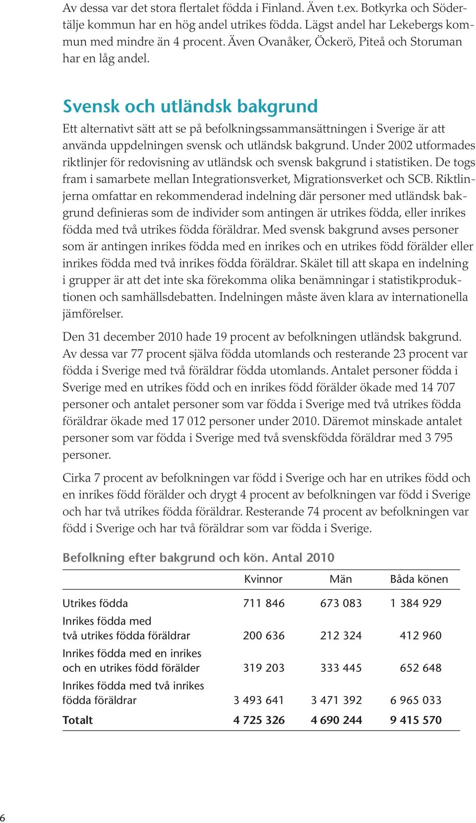 Svensk och utländsk bakgrund Ett alternativt sätt att se på befolkningssammansättningen i Sverige är att använda uppdelningen svensk och utländsk bakgrund.